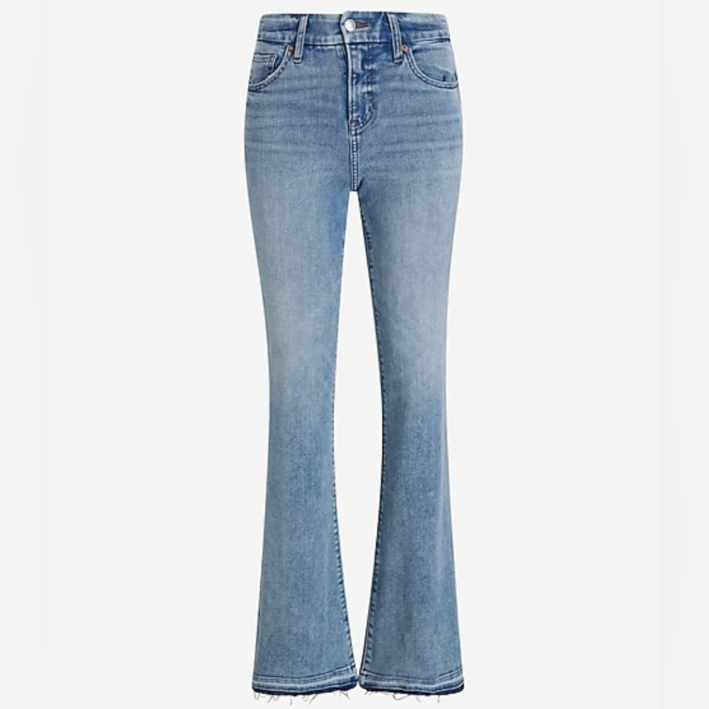 EXPRESS: Mid Rise Light Wash Drop Hem FlexX 70s Flare Jeans - Picture 6 of 9